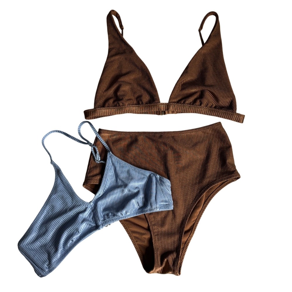 Aerie Ribbed Bikini Set Brown Triangle Top Blue Bandeau High Waist Cheeky Bottom